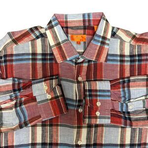 Tallia Plaid‎ Button Down Shirt Red Blue Linen And Cotton Blend Size Large